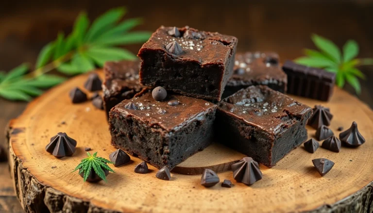 Schokoladige Cannabis Brownies frisch gebacken auf einem Holzbrett mit Zartbitterschokoladenstückchen