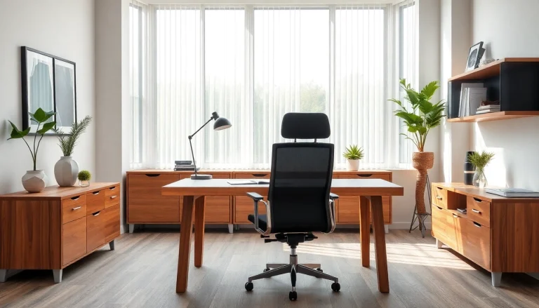 Büromöbel in einem modernen Büro mit einem hellen Schreibtisch und ergonomischem Stuhl für produktives Arbeiten.