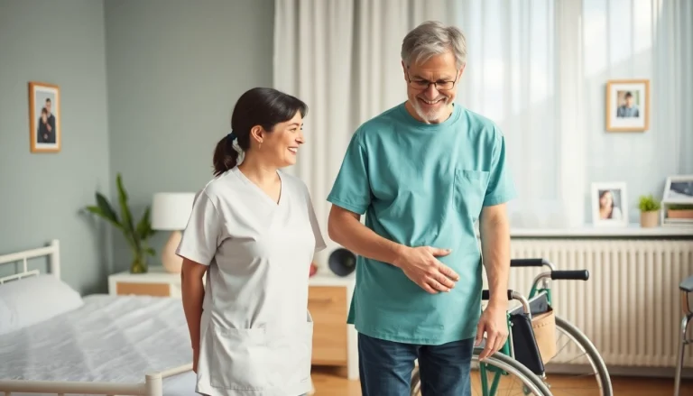 Pflegedienstmitarbeiter unterstützt ältere Menschen in einer heimeligen Umgebung.