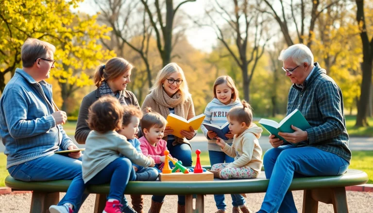 Kindererziehung in Aktion: Verschiedene Eltern und Kinder spielen und lernen gemeinsam im Park.
