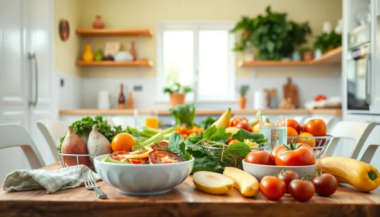 Symphony aus frischen Zutaten zur Förderung des Gewichtsverlusts mit Obst und Gemüse in einer einladenden Küche.