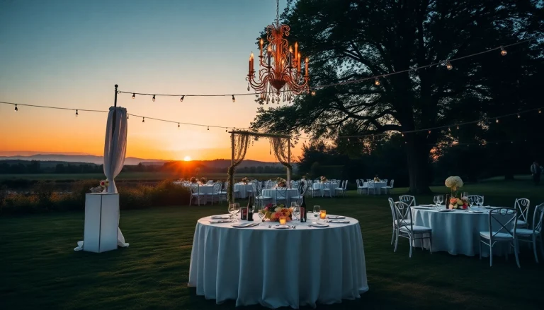 Hochzeitslocation mit romantischer Tischdeko und sanfter Beleuchtung unter dem Abendhimmel.