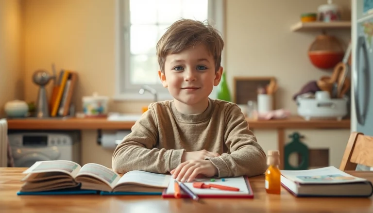 Ein Kind beim Heimunterricht am Küchentisch mit Büchern und Bastelmaterialien.