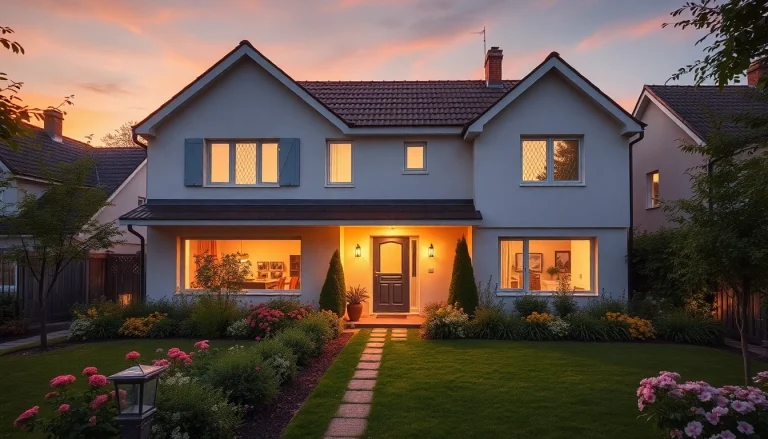 Modernes Einfamilienhaus bei Sonnenuntergang, ideal für Hauskauf.