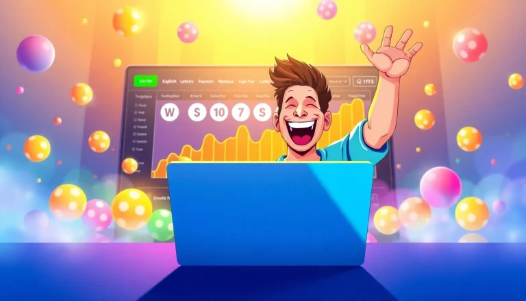 Erleben Sie die Lottoland Erfahrung: Jubelnder Gewinner vor laptop mit digitaler Lotterie.