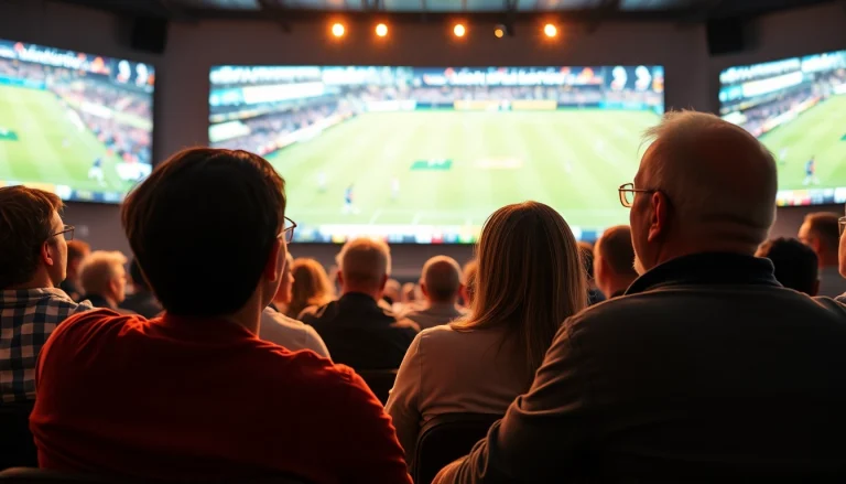 Erlebe sportwetten hautnah: Begeisterte Zuschauer verfolgen Live-Spiele in einem modernen Wett-Studio.