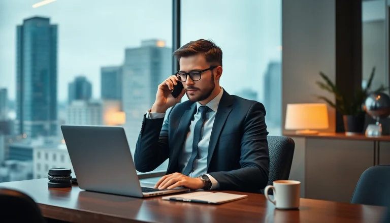 Professioneller Headhunter Vertrieb telefoniert im modernen Büro mit Grafiken auf dem Laptop.