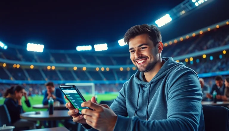 Ein leidenschaftlicher Wettfreund nutzt eine Sportwetten-App auf seinem Smartphone, um Wettchancen zu prüfen und den Nervenkitzel des Spiels zu genießen.