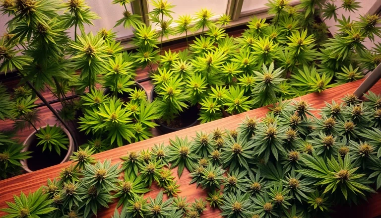 Explore diverse cannabis seeds arranged artfully among thriving plants, signaling quality and growth.