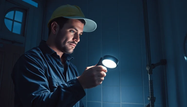 Sanitär Notdienst: Ein professioneller Techniker inspiziert ein Wasserleck im Badezimmer bei Nacht.