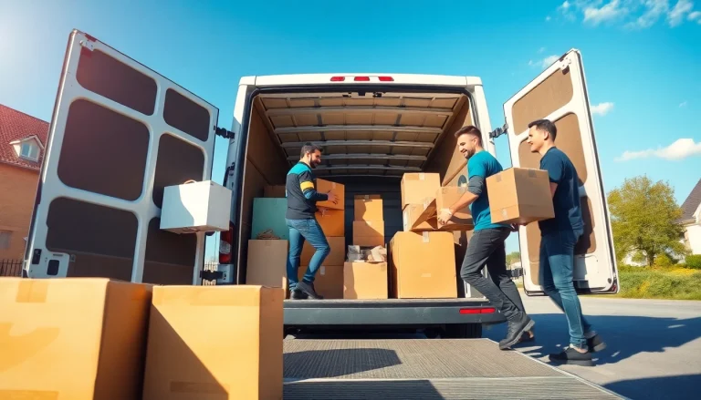 Professionelle Umzugshelfer eines umzugsunternehmen saarbrücken laden Möbel in einen modernen Umzugswagen.