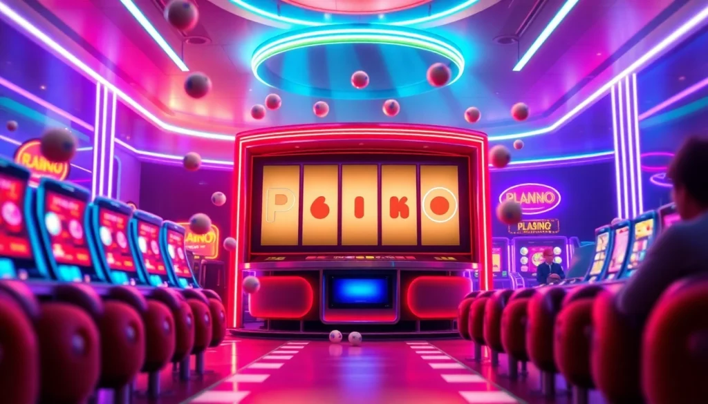 Erleben Sie die Spannung des Plinko Casino mit leuchtenden Farben und aufgeregten Spielern, die die fallenden Bälle verfolgen.