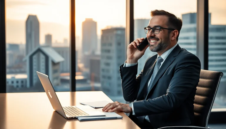 Professioneller Headhunter Frankfurt am Telefon, arbeitet in modernem Büro mit Frankfurter Skyline im Hintergrund.