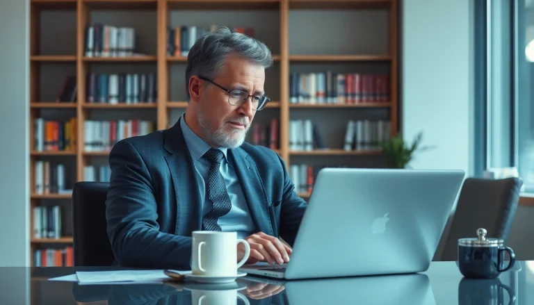 Headhunter Führungskräfte consults over a laptop in a modern office with books and notes.