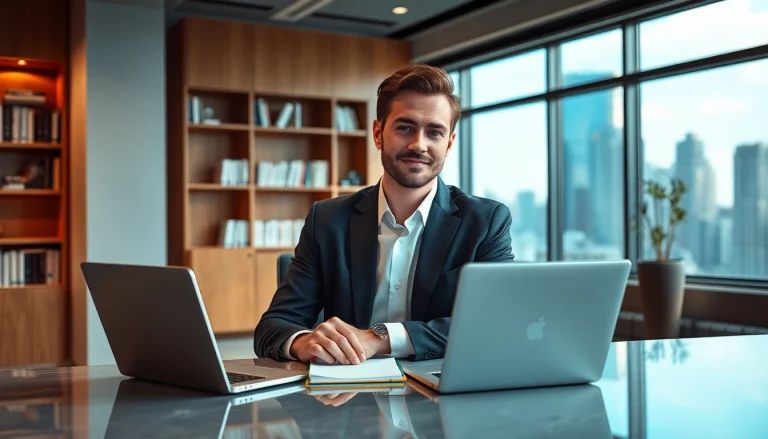 Impression von einem Headhunter Executive Search, der konzentriert an einem modernen Tisch arbeitet und eine Atmosphäre von Professionalität ausstrahlt.