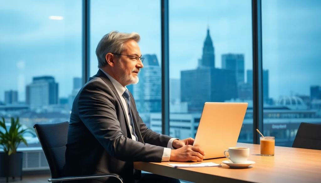 Headhunter Frankfurt berät Klienten in modernem Büro mit Skyline-Blick.