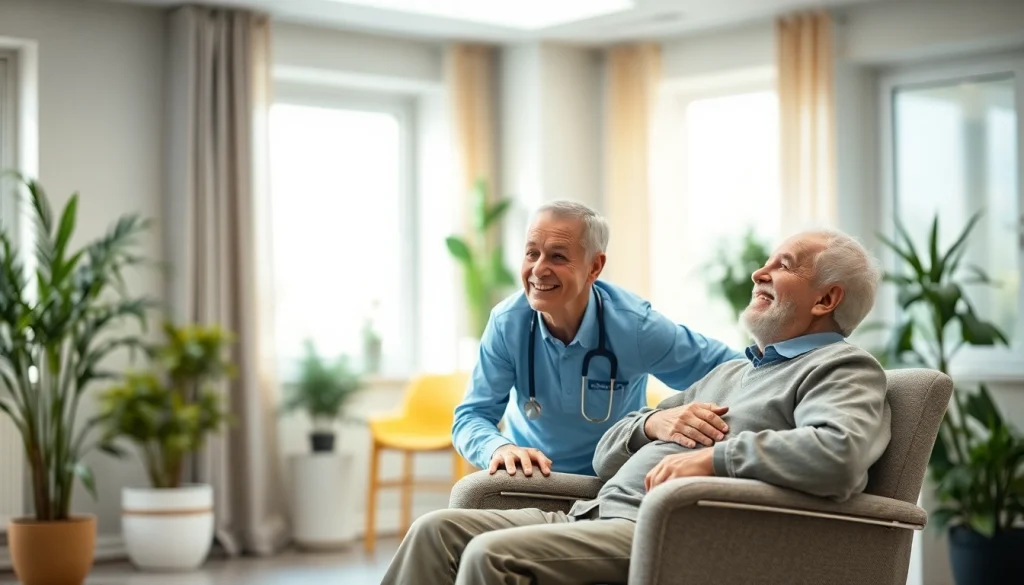 Headhunter Pflegekräfte berät einen Klienten in einer modernen Pflegeeinrichtung mit warmem Licht und freundlicher Atmosphäre.
