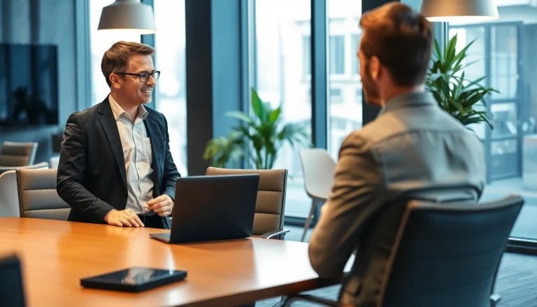 Professioneller Headhunter Dresden führt ein Gespräch mit einem Kandidaten in modernem Bürosetting.