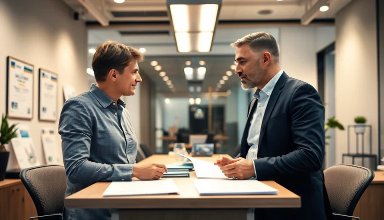 Professionelle Zusammenarbeit in der Personalvermittlung zeigt zwei Geschäftspersonen im Gespräch im modernen Büro.