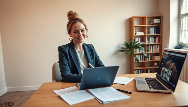 Professionelles Webdesign für Coaches mit einer inspirierenden Coachin an einem modernen Schreibtisch.