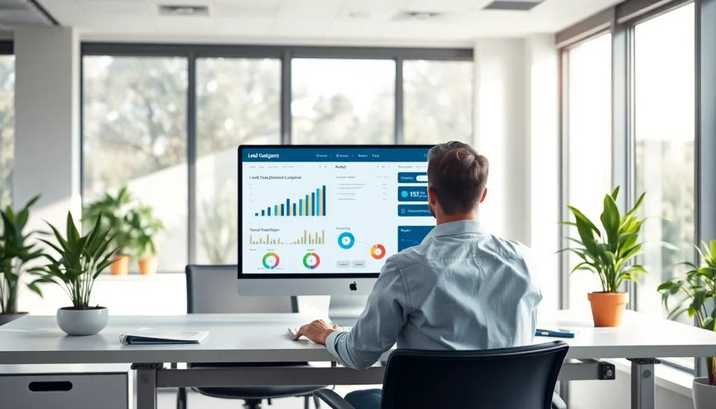 Visualisierung eines Lead-Generierung Assistenten in einem modernen Büro mit Statistiken und Grafiken zur Lead-Generierung auf einem Computer.