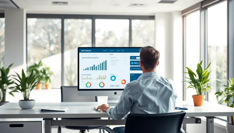 Visualisierung eines Lead-Generierung Assistenten in einem modernen Büro mit Statistiken und Grafiken zur Lead-Generierung auf einem Computer.