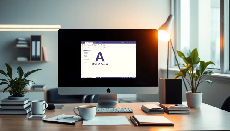 Visualisieren Sie das Arbeiten mit Office mit Access 2024 in einem modernen Büro, das eine kreative Atmosphäre ausstrahlt.