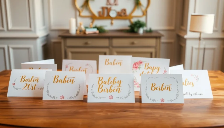 Gestalte individuelle Geburtskarten mit zauberhaften Designs auf einem Holztisch.