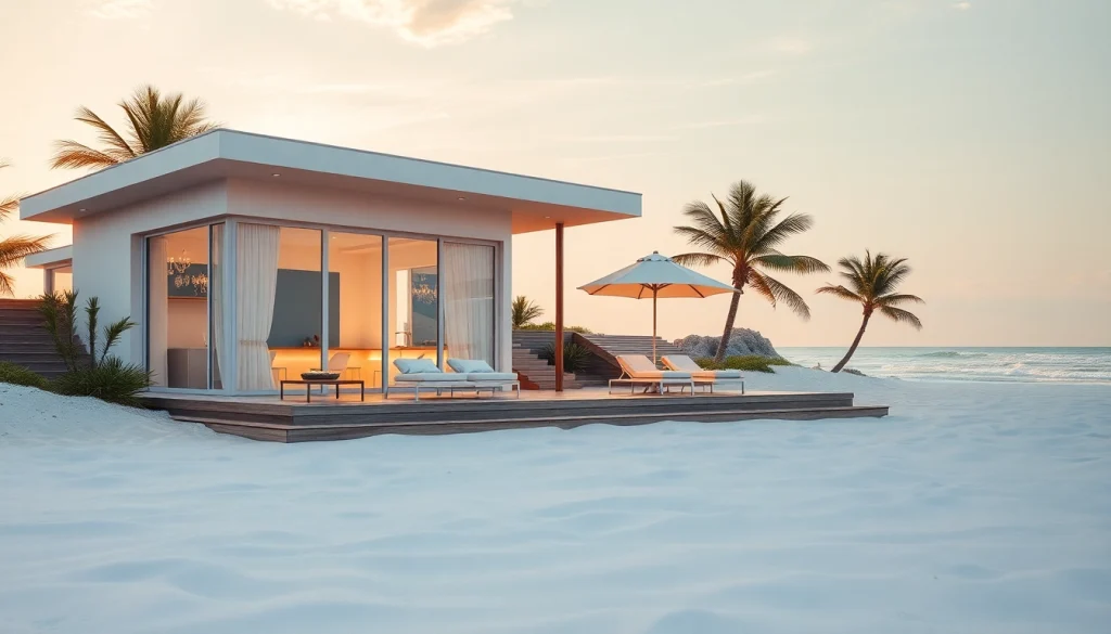 Küsten-Cabana mit modernen Designelementen und sanftem Strandblick.