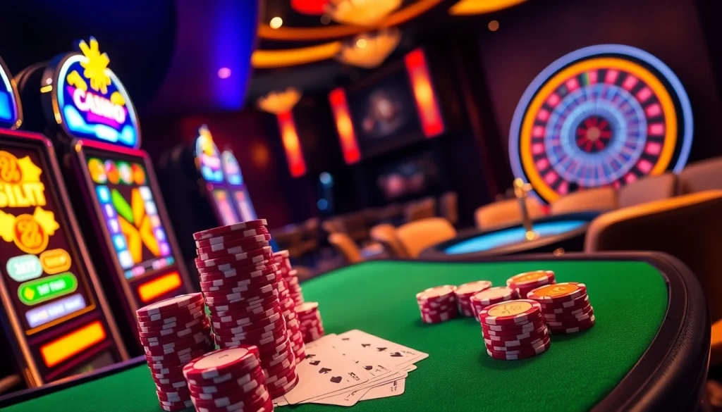 Experience thrilling gaming action at https://99ok18.com/ with vibrant casino tables and illuminated slot machines.