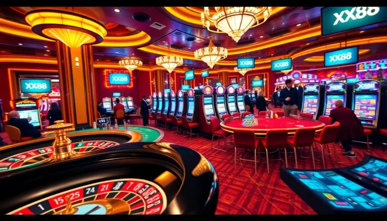 Exciting online gambling experience at XX88 with roulette, poker, and vibrant slot machines.