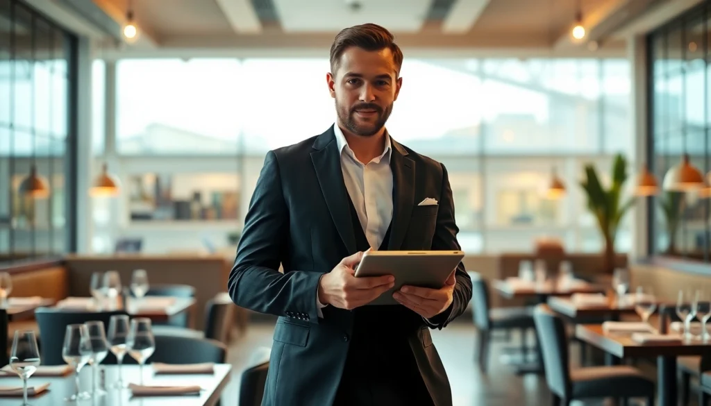 Headhunter Gastronomie berät in einem eleganten Restaurant mit einem Tablet.