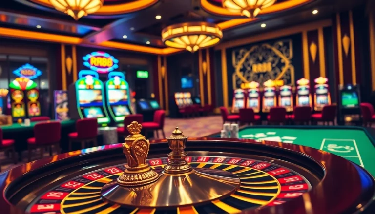 Experience exhilarating high-stakes gambling at rr88 casino with roulette, poker chips, and vibrant slot machines.