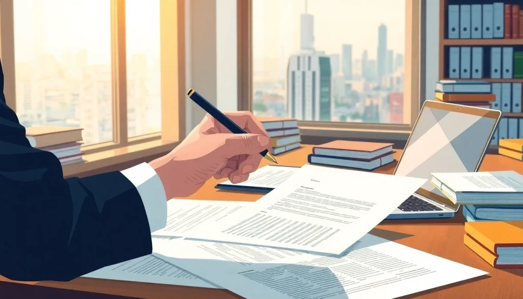 Zertifizierter Übersetzer bei der Arbeit, der die Rolle des beeidigten Übersetzers zeigt, mit Dokumenten und Übersetzungswerkzeugen.