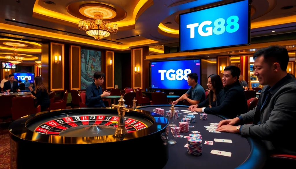 Exciting casino scene with TG88 logo centered around roulette and poker tables.