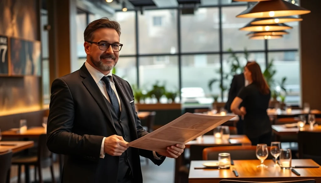 Headhunter Gastronomie präsentiert sich in einem eleganten Restaurant, während er mit seinem Team spricht.