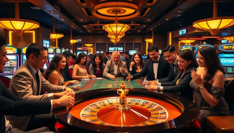 Multi-player excitement at a BET88 casino table displaying luxury gaming and rich colors.