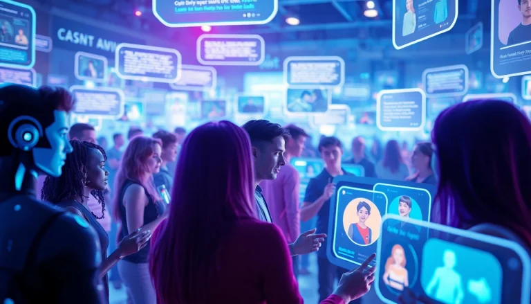 Engaging scene of sex AI chat with diverse digital characters and glowing chat interfaces.