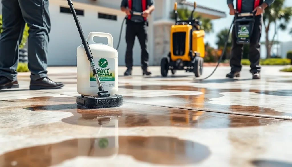 Concrete cleaning in progress with professionals restoring driveway surfaces using eco-safe methods.