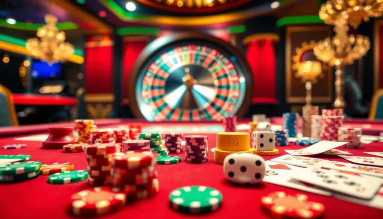 HM88 casino table with vibrant chips and cards, showcasing a thrilling gambling experience.