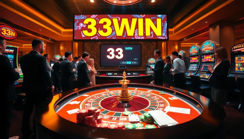 Engaging casino scene showcasing 33WIN roulette excitement with vibrant chips and professional dealers.
