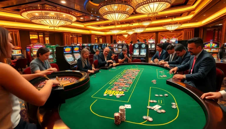 Gamblers enjoying excitement at VM88’s luxurious casino table in a vibrant atmosphere.