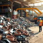 Szene des Schrotthandels Düsseldorf mit Arbeitern, die Metallschrott sortieren und recyceln
