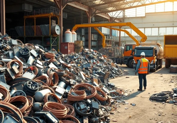 Szene des Schrotthandels Düsseldorf mit Arbeitern, die Metallschrott sortieren und recyceln