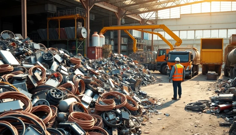 Szene des Schrotthandels Düsseldorf mit Arbeitern, die Metallschrott sortieren und recyceln