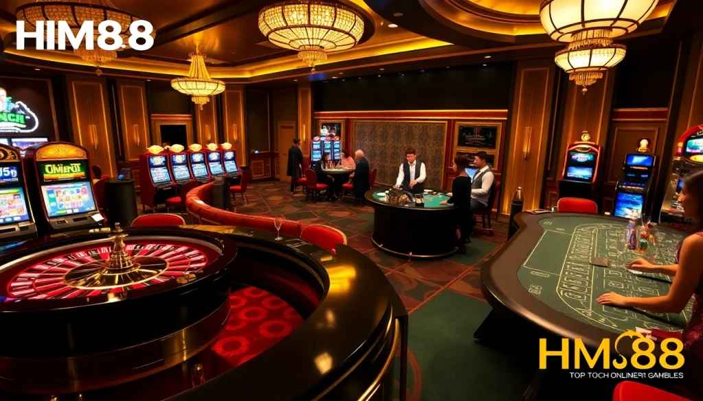 HM88 casino players enjoying a thrilling game at the roulette wheel surrounded by vibrant slot machines.