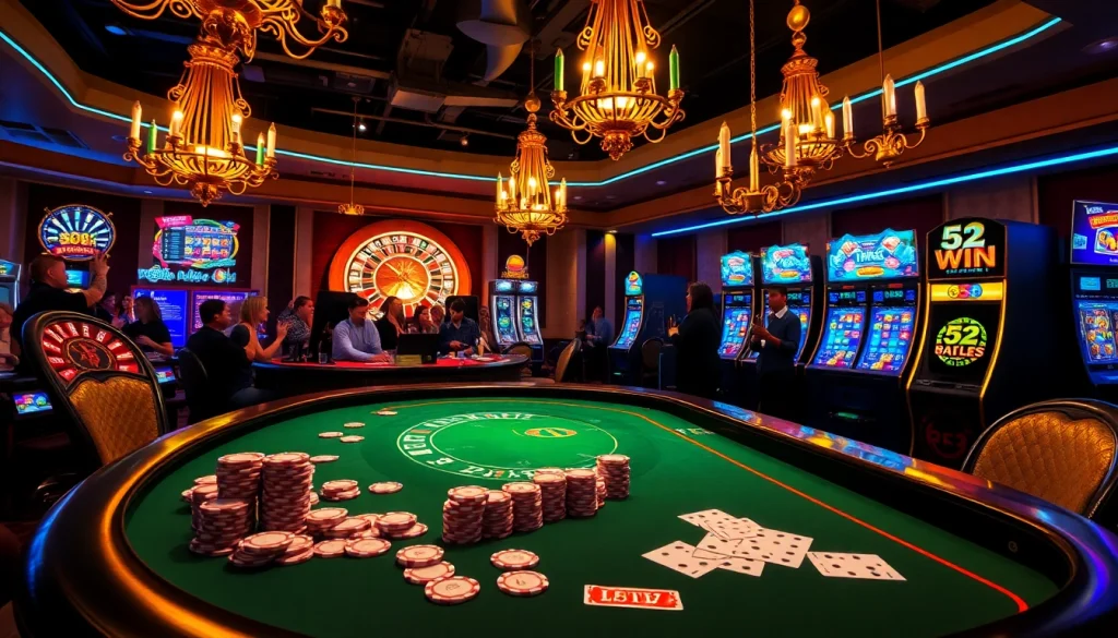 A thrilling casino scene featuring 52WIN elements with poker chips, roulette wheel, and slot machines.