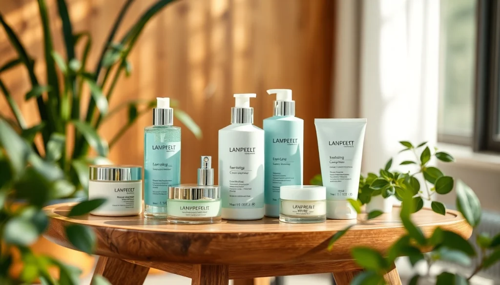 Entdecken Sie hochwertige Hautpflege Produkte Deutschland, stilvoll präsentiert auf einem eleganten Tisch mit frischen Pflanzen im Hintergrund.
