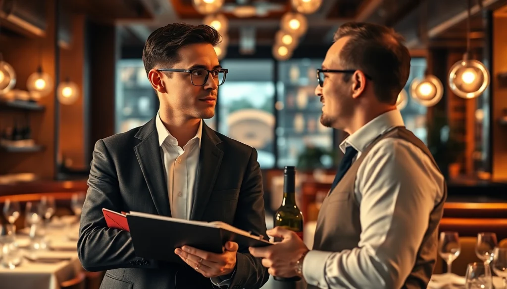 Headhunter Gastronomie engaging in a professional discussion with a restaurant manager in an elegant restaurant setting.
