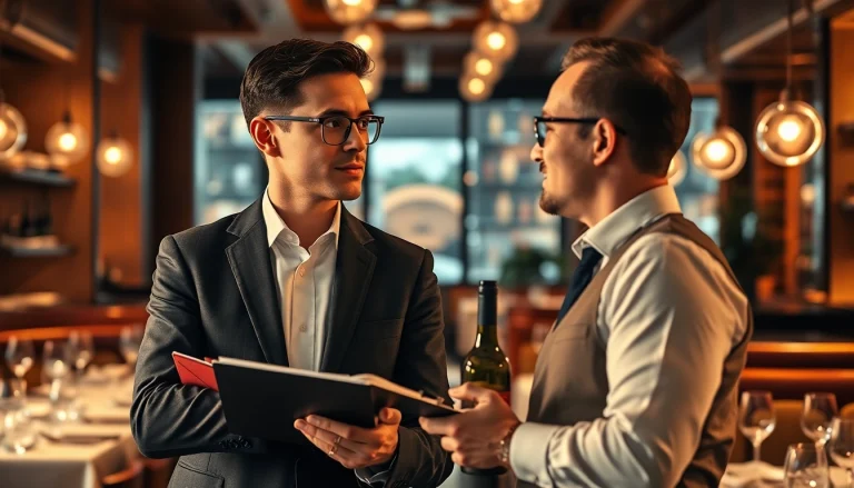 Headhunter Gastronomie engaging in a professional discussion with a restaurant manager in an elegant restaurant setting.